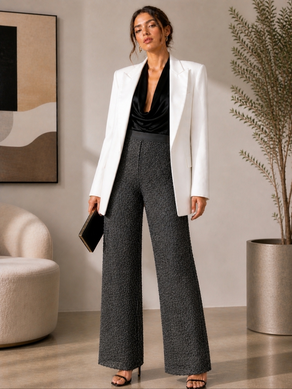 Emanuel Ungaro Dark‎ Grey Beaded Wide Leg Pants With Pockets